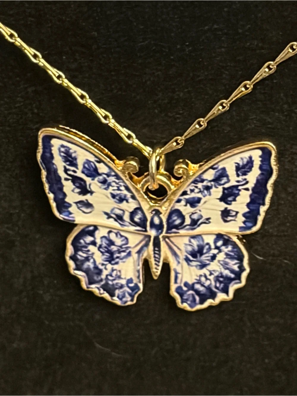 Gold-Tone Butterfly Pendant Necklace in Blue and White